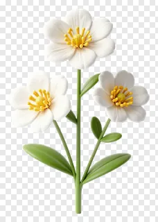Three white flowers with yellow centers on green stems.