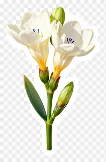 White freesia flowers on a single stem with green buds.