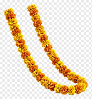 A V-shaped garland of yellow and orange marigold flowers.