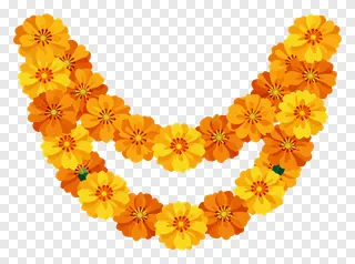 A curved garland made of orange and yellow marigold flowers.