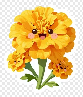 Three cartoon marigold flowers with happy faces.
