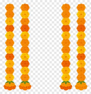Four vertical marigold garland strands with orange and yellow flowers.