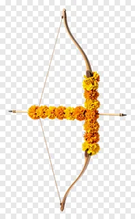 A wooden bow and arrow wrapped with marigold flowers.