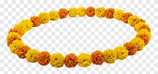A circular garland of yellow and orange marigold flowers.