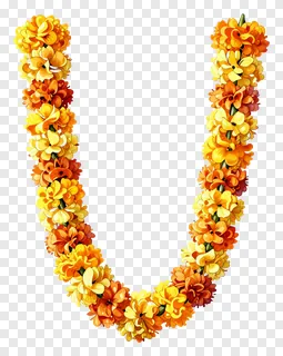 V-shaped marigold garland with orange and yellow flowers.