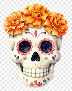 A decorated sugar skull wearing a crown of orange marigolds.