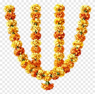 V-shaped marigold garland with yellow and orange flowers.