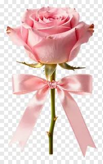 A pink rose with a pink satin ribbon tied around its stem.