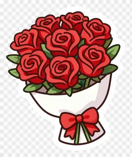 A cartoon bouquet of red roses with a red bow.