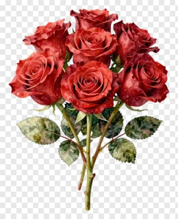 A watercolor painting of red roses with dew drops.