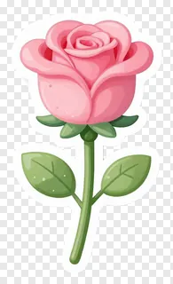 A single pink rose with stem and leaves.