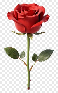 A single red rose with green leaves and stem.