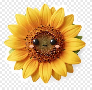 A smiling sunflower with cartoon eyes and cheeks.
