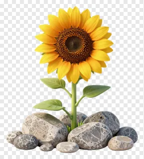 A sunflower growing among smooth, gray stones.