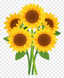A bouquet of five sunflowers with green stems and leaves.