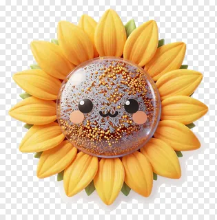 A cartoon sunflower with a glass center containing golden beads and a smiling face.