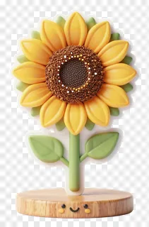 A stylized sunflower with a smiling wooden base.