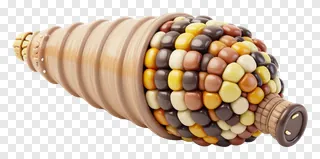A 3D cornucopia filled with colorful kernels.