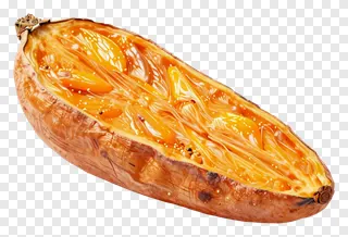 A baked sweet potato wedge with golden interior.
