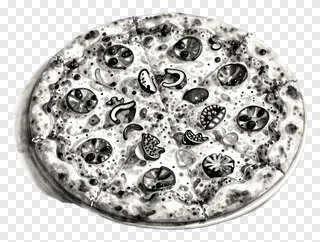 Black and white watercolor pizza illustration.