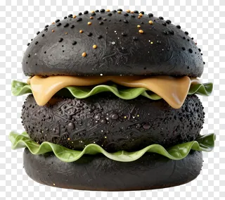 A black burger with cheese and lettuce.