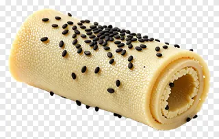 A rolled tofu skin with black sesame seeds.