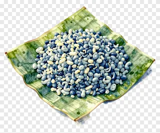 Blue and white beans on a banana leaf.