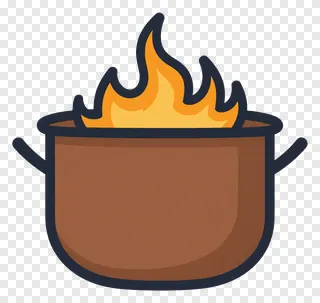 A pot with handles and flames rising from it.