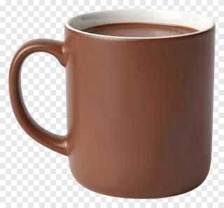 A brown ceramic mug with white interior filled with hot chocolate.