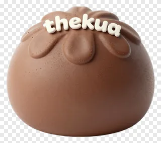 A brown chocolate-covered kua sweet with white text on top.
