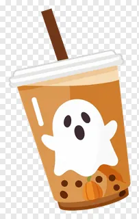 A cartoon pumpkin spice latte cup with a ghost design.