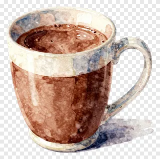 A watercolor mug of hot chocolate with a mottled glaze.