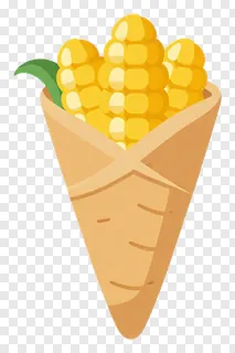 Cartoon corn cob wrapped in a paper cone.
