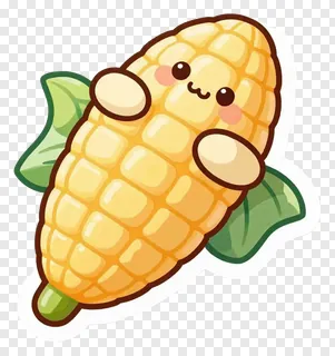 A cute cartoon corn cob with a happy face and green leaves.