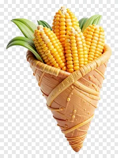 A cartoon cornucopia filled with corn in a woven cone shape.
