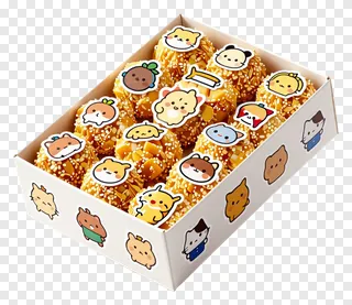 A box of golden ladoos with cartoon character stickers on top.