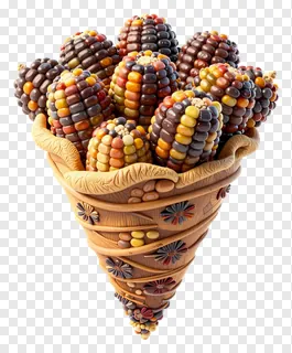 A wooden cornucopia filled with colorful corn cobs.