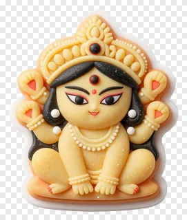 A charming Durga Puja sweet figurine with a golden crown.