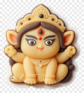 A cartoon-style Durga Puja sweet with a crown.