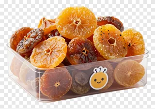 Clear box of dried fruit with a bee sticker.