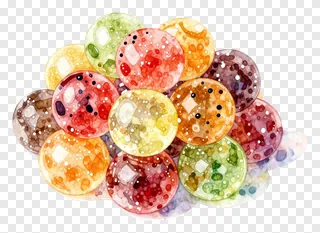 A colorful cluster of watercolor-style til ladoo sweets.