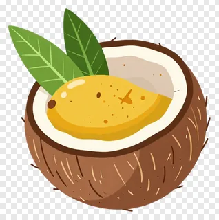 Coconut kalash with mango leaves and yellow liquid.