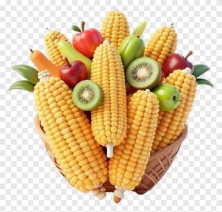 Basket filled with corn, apples, pears, and kiwi slices.