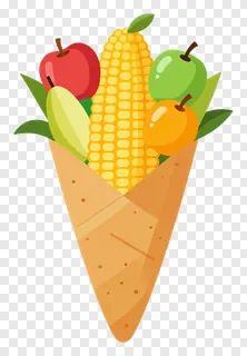 A cornucopia filled with corn and fruit.