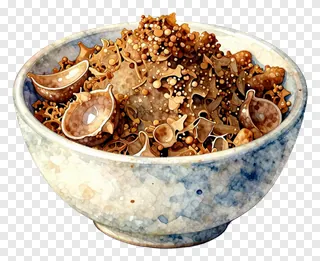 A cracked ceramic bowl filled with neem and jaggery.