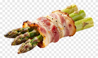 Crispy bacon wrapped asparagus spears.