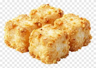 Four crispy tempura tofu cubes with sesame seeds.