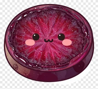 A cute cartoon baked beetroot slice with a smiling face.