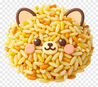 A cartoon bear face made of yellow and orange rice grains.