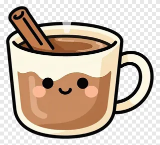 A smiling cartoon mug with cinnamon stick and swirl.